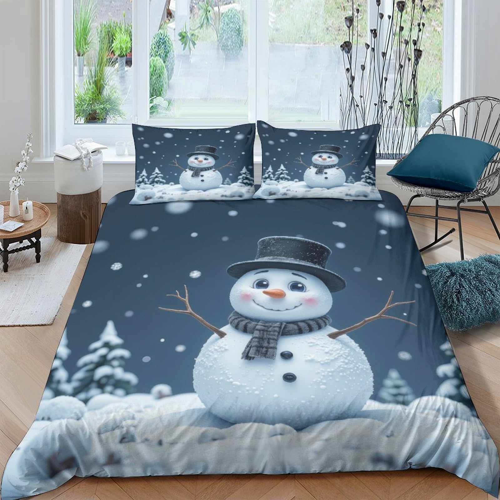 GPLZQXKJNH 3D Printed Snowman Winter Night Duvet Cover Microfiber Soft Breathable Christmas Tree Bedding Set with 2 Pillowcases for Bedroom Decor Single（135x200cm）