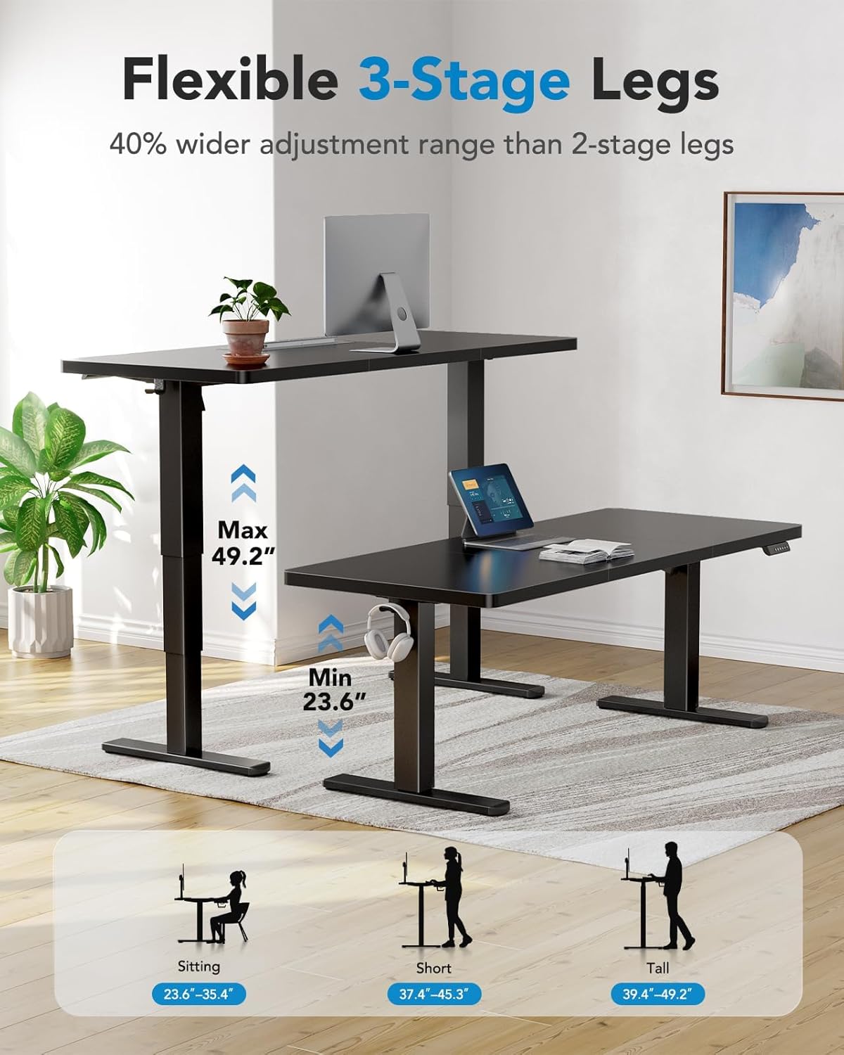 HUANUO 60x30 Inch 3-Stage Legs Electric Standing Desk, Large Height Adjustable Office Desk with Brushless Motor, Stand Up Desk with 4 Memory Presets & 2 Hooks, Computer Desk for Home Office, Black