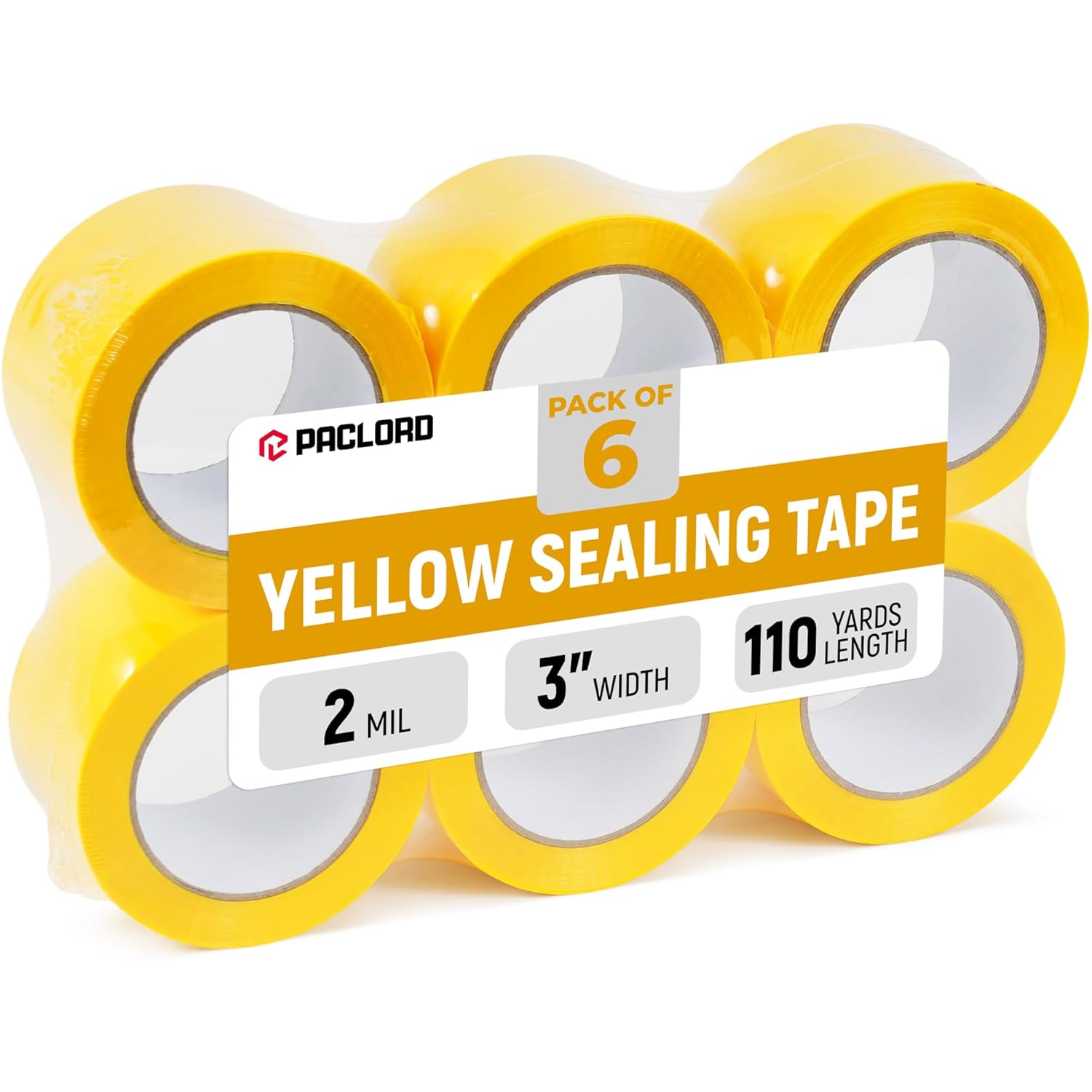 3" x 110 Yards Yellow Packing Tape, 6 Rolls - 2.0 Mil Carton Sealing Tape - Strong Adhesive Shipping Tape for Moving, Storage & Packaging Boxes