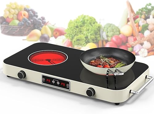GIHETKUT Cocina eléctrica, placa de inducción de 2200 W 110 V, 2 quemadores, estufa eléctrica con 2 asas, placa de cocción portátil 9 ajustes de