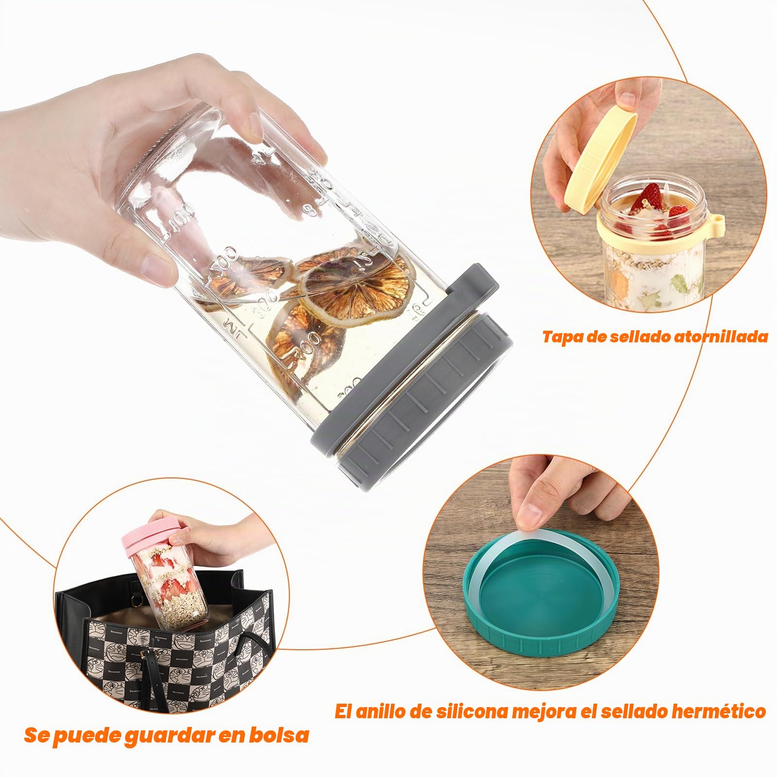 Pavlleen Tarros de Cristal 600ml con Tapa y Cuchara - Tarros de Avena Nocturna Portátil, Mason Jars con Medidor para Cereales, Leche, Yogur y Fruta
