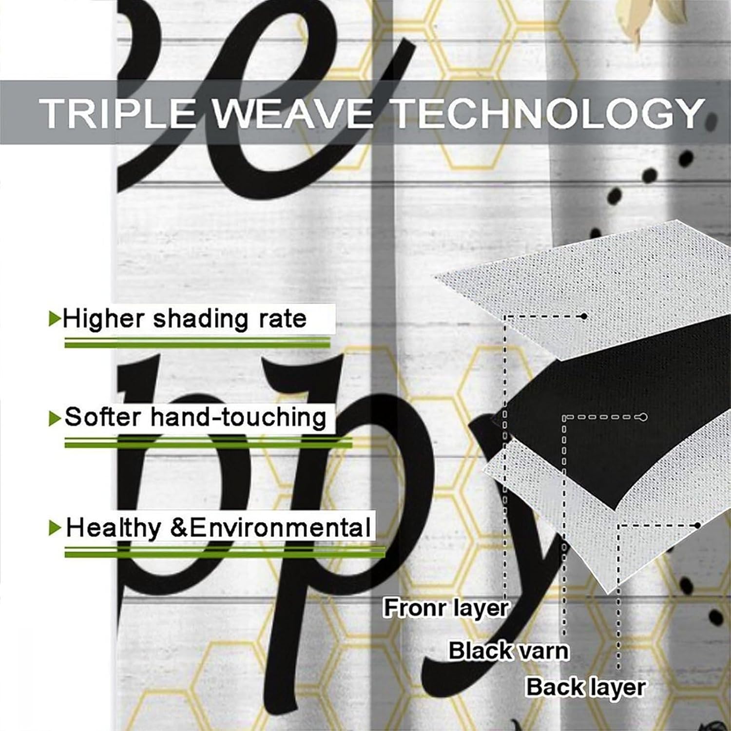 Bee Happy Curtain Honeybee Sunflower for Kids Toddler,Sunny Floral Flowers Garden Plant Chic Bee Themed Blackout Window Treatments for Bedroom Living Room 55" W X 63" L