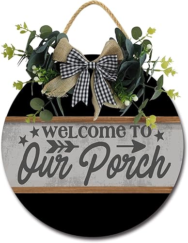 Letrero de bienvenida a nuestro porche para puerta delantera, coronas divertidas colgantes de placa de madera, decoración redonda de madera rústica,