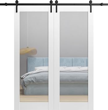 SARTODOORS Sturdy Double Barn Door 72 x 84 inches with Clear Glass | Lucia 2166 White Silk | Top Mount 13FT Rail Hangers Heavy Set | Solid Panel Interior Doors