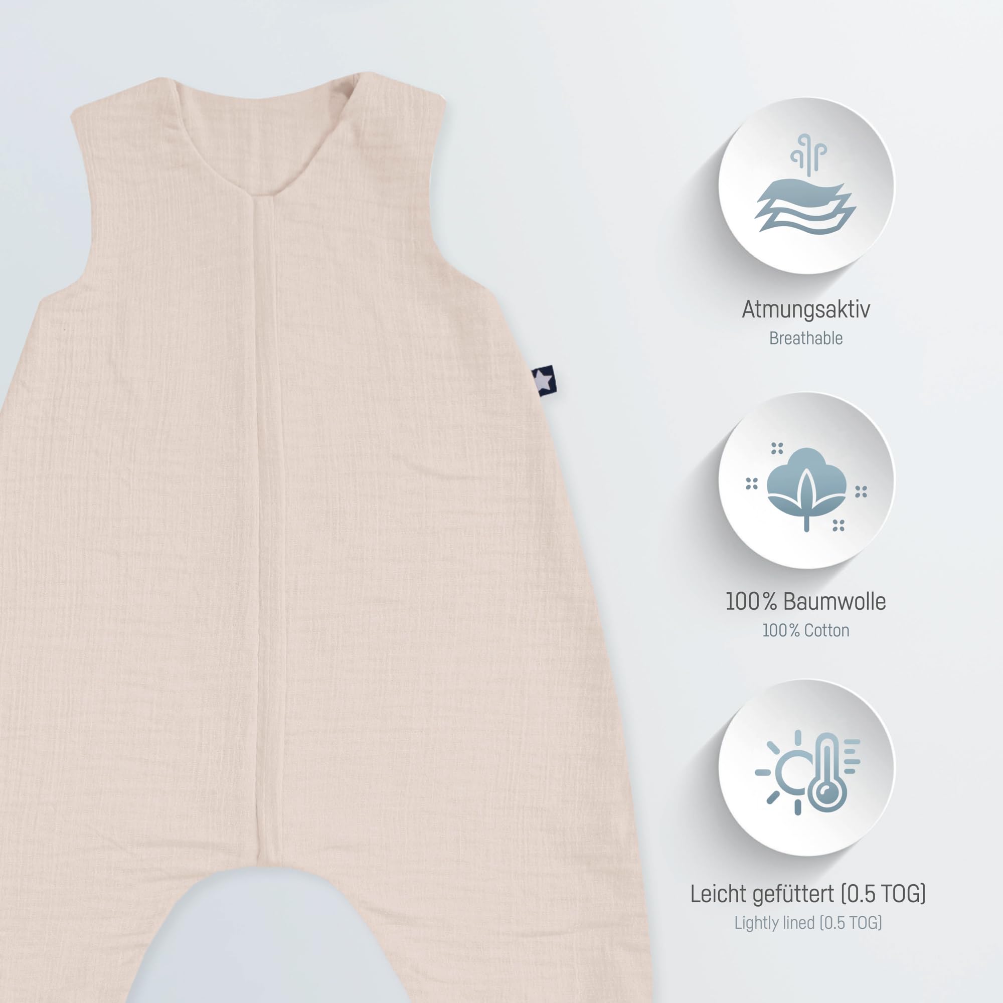 Julius Zöllner Kombinezon do spania Jumper Muslin, 0,5 TOG, nadaje się do prania w temperaturze 40°C, Made in Germany, Oeko Tex Standard 100, piaskowy, rozmiar 104