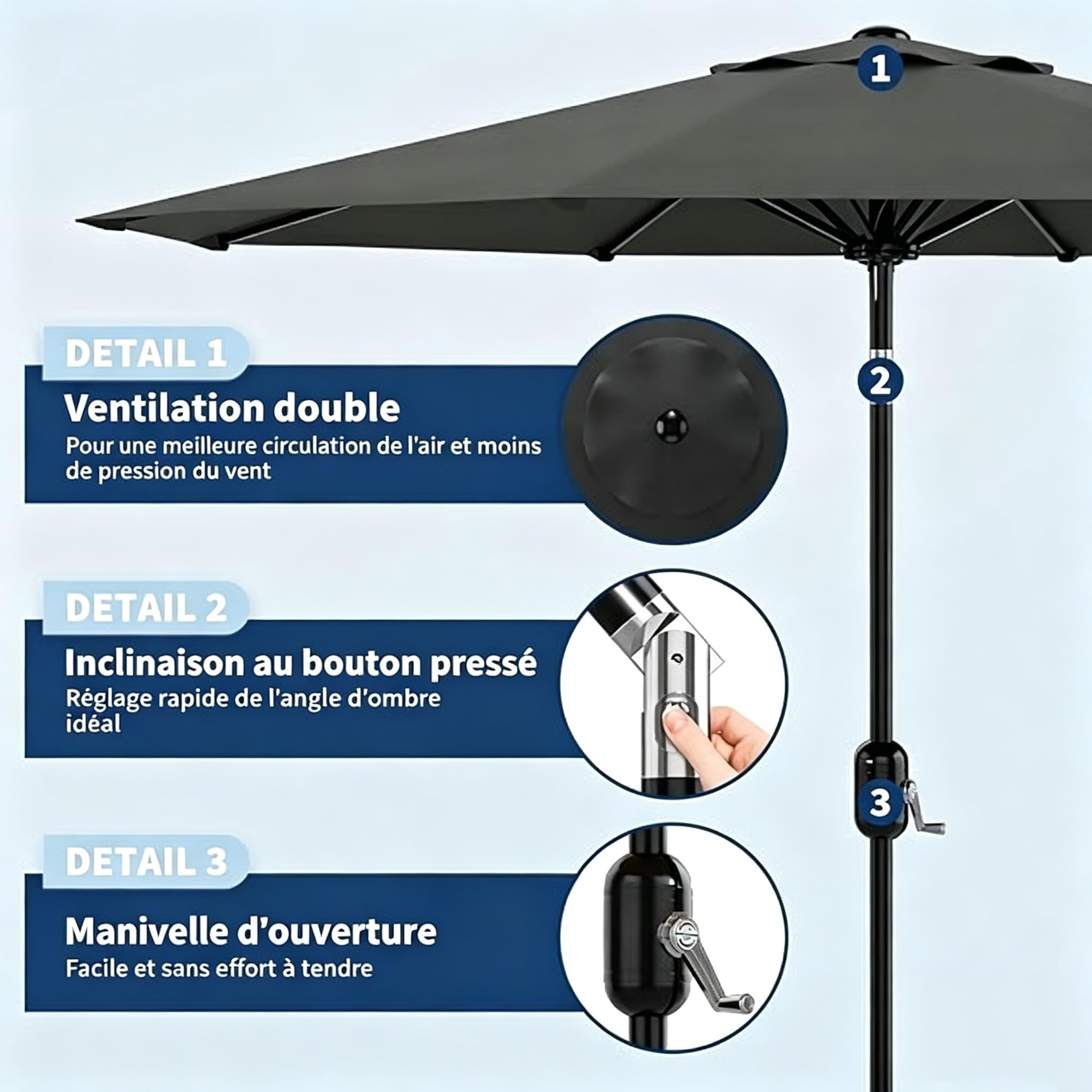Parasol Jardin 270cm UV50+ Manivelle Inclinable 8 Baleines