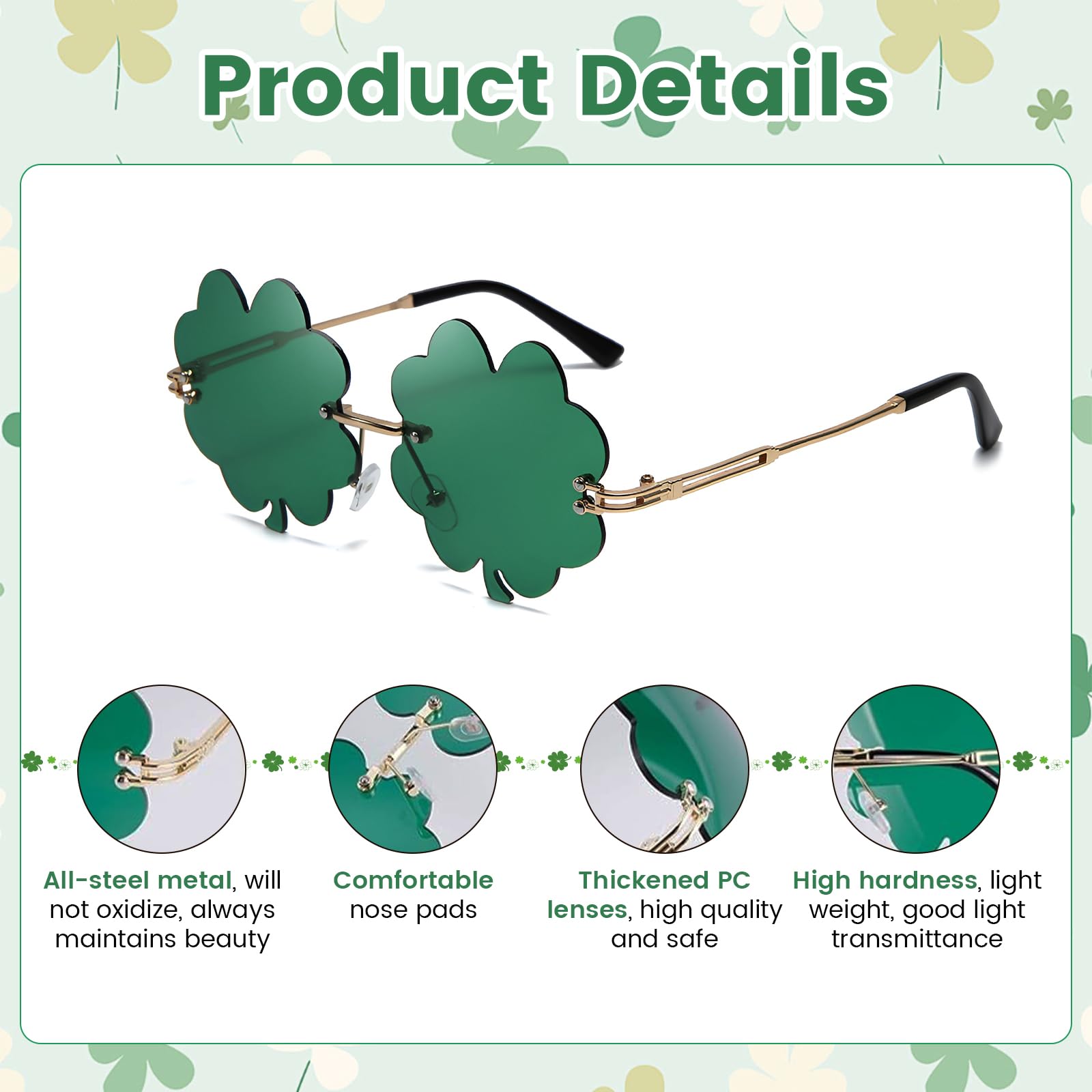 HSMHLYYB St Patricks Day Glasses, 2 works of Four Leaf Clover Glasses, Green Leprechaun Costume Glasses - Image 3