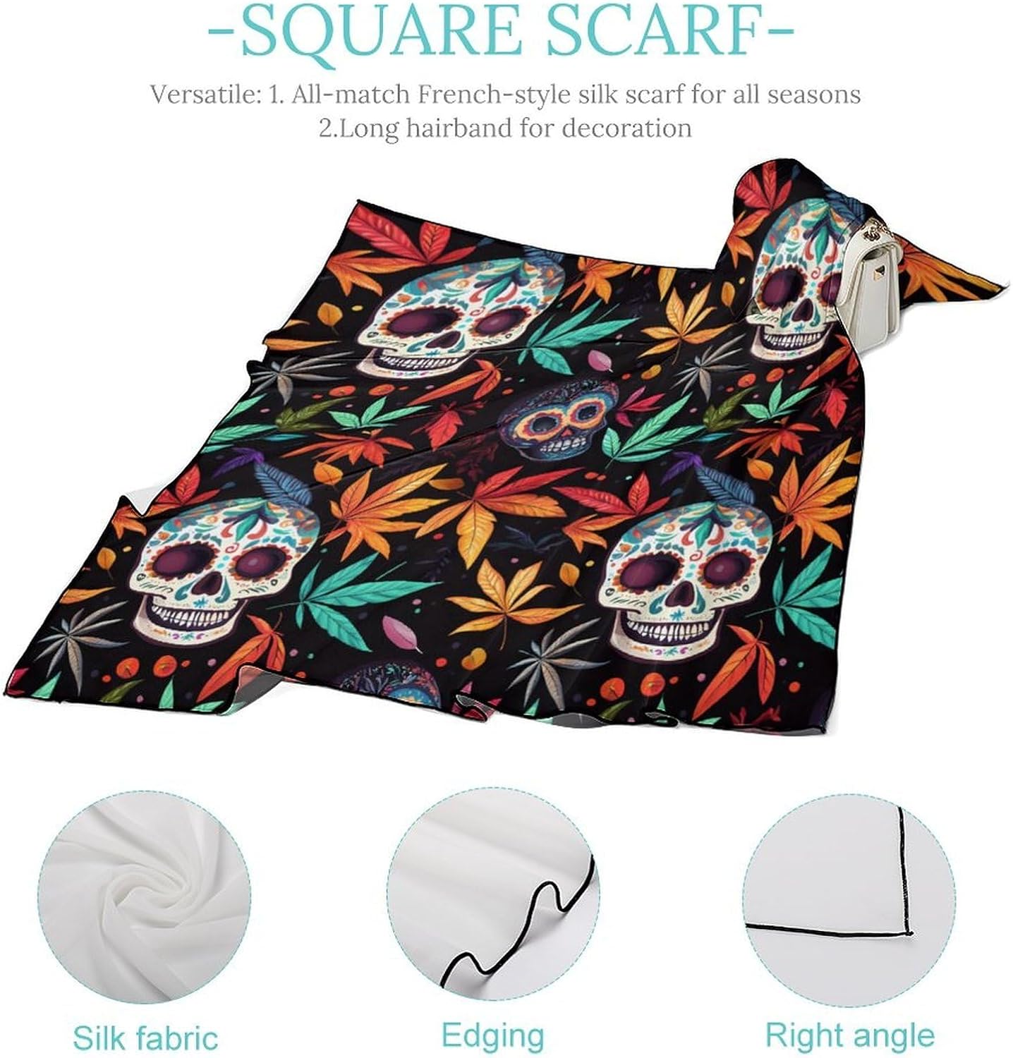 Colorful Skull Weed Plants Bandana Fashion Head Scarf Square Silk Scarf Print Neck Hair Scarfs for Women Men Gifts