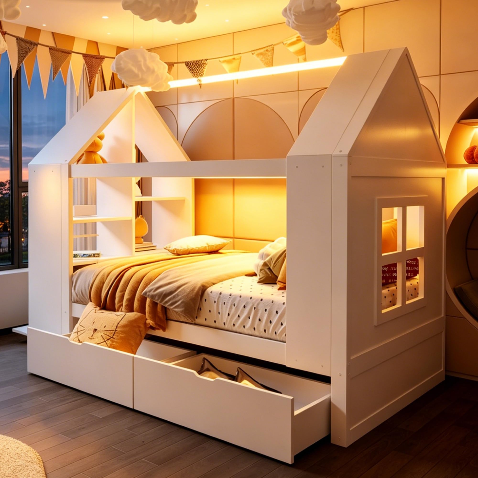 Kinderbett 90x200 Hausbett mit LED und Stauraum, Einzelbett mit Schubladen, Holzbetten für Kinder und Jugendliche, Massivholz Weiß