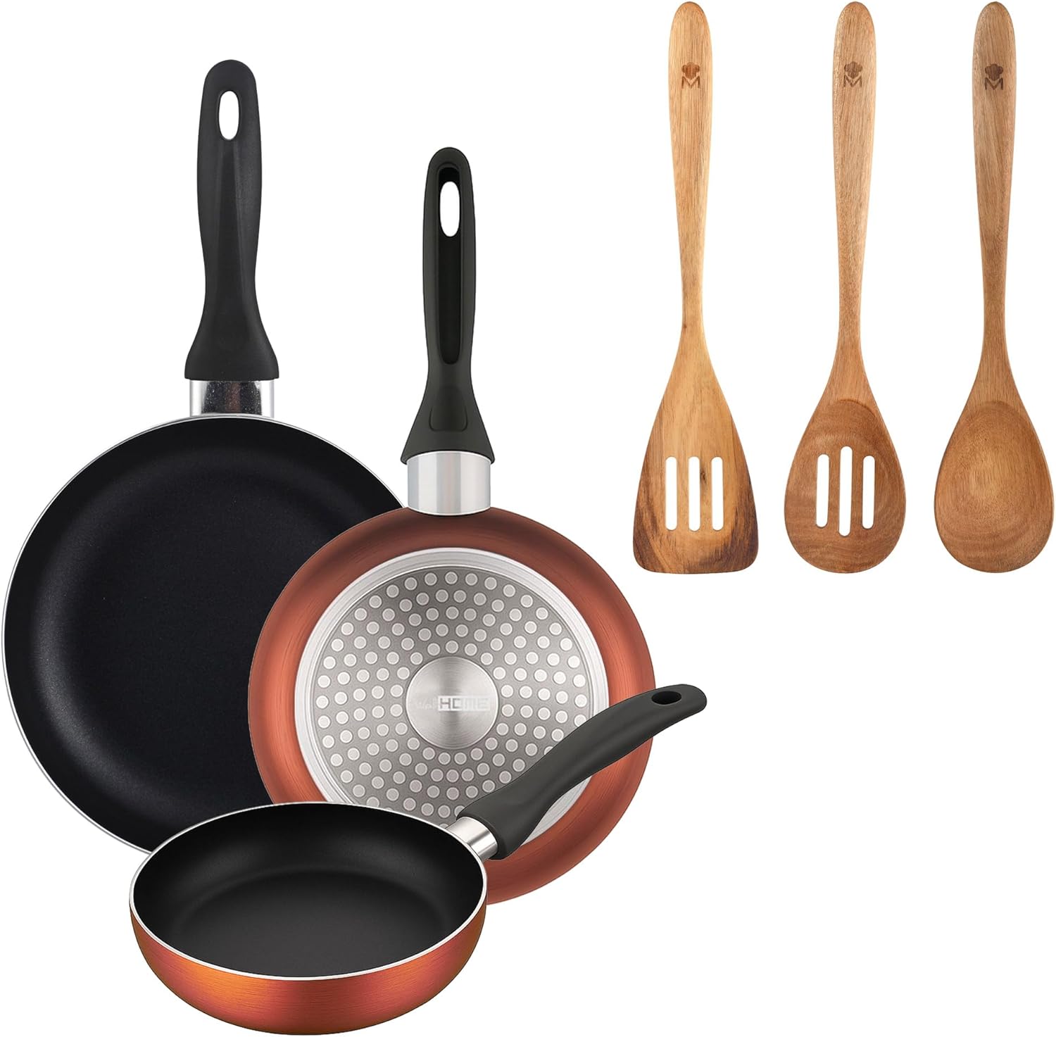 Well Home Set of 3 Pans Diameter 16 x 20 x 24 cm Made of Pressed Aluminium Copper Metallic + 3-Piece Cookware Set, Acacia