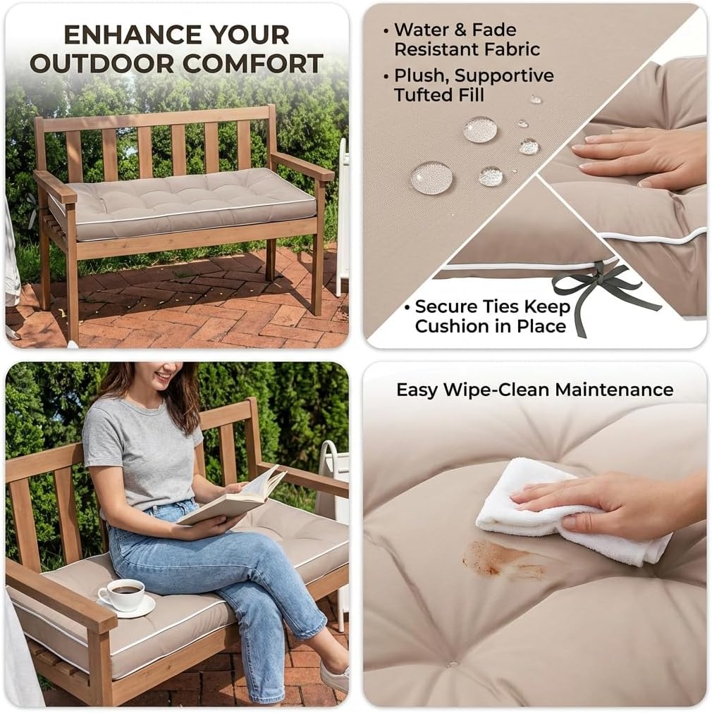 41-inch Outdoor Bench Cushion with Ties, Weather Resistant Thick Tufted Loveseat Seating Pad for Patio Porch Swing & Garden Furniture, 41" x 18" x 4"