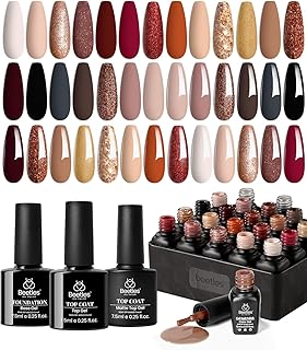 Beetles Gel Nail Polish Kit, 23Pcs Fall Nude Pink Brown Burgundy Red Gel Polish Set with Base Top Coat Verse of Roses Kit, Soak off Uv Gel Golden Glitter Holiday Nail for Women