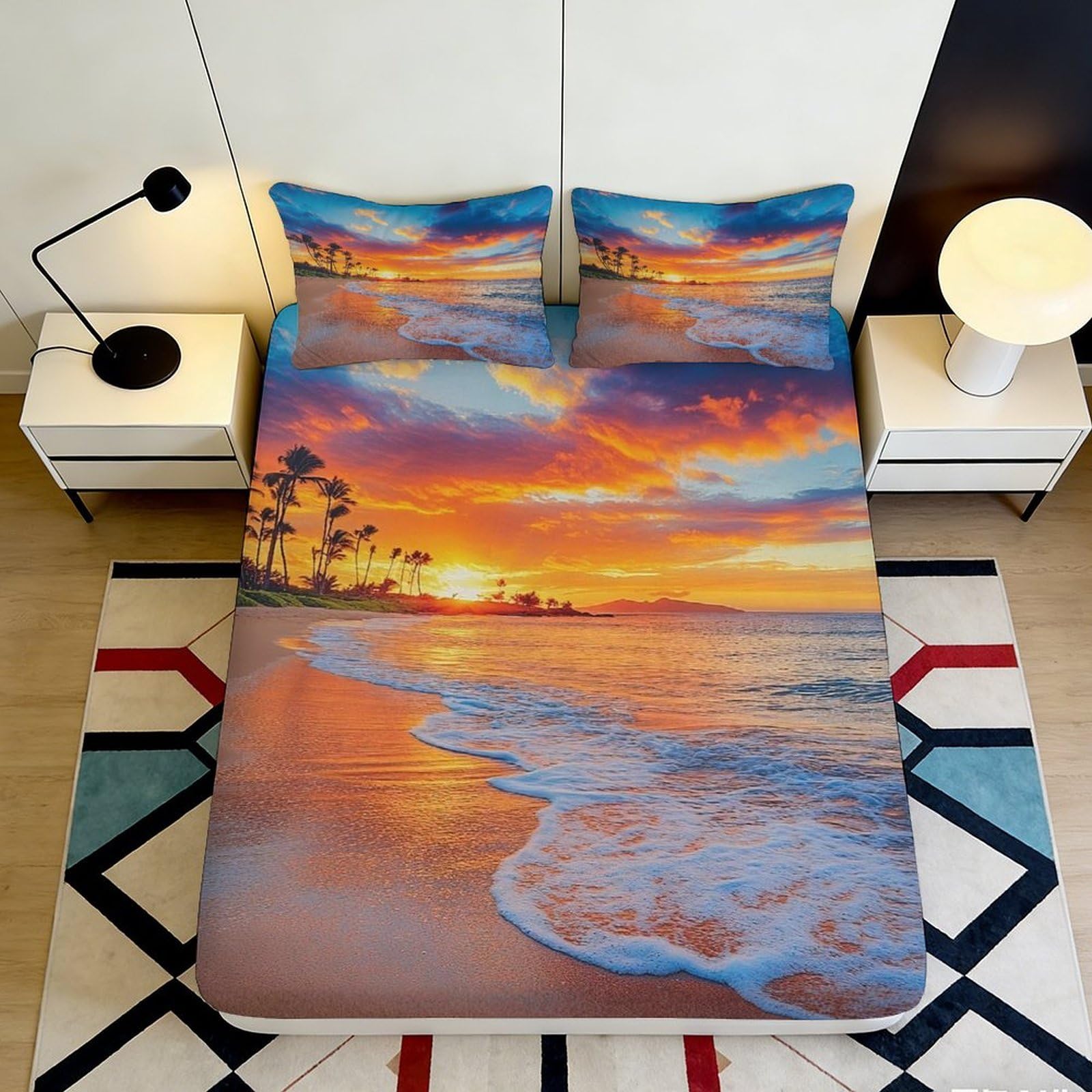 3D Printed Sunset Beach Fitted Sheet Microfiber Soft Vibrant Ocean Mattress Cover for Bedroom Guest Room Decor 90x200x25cm