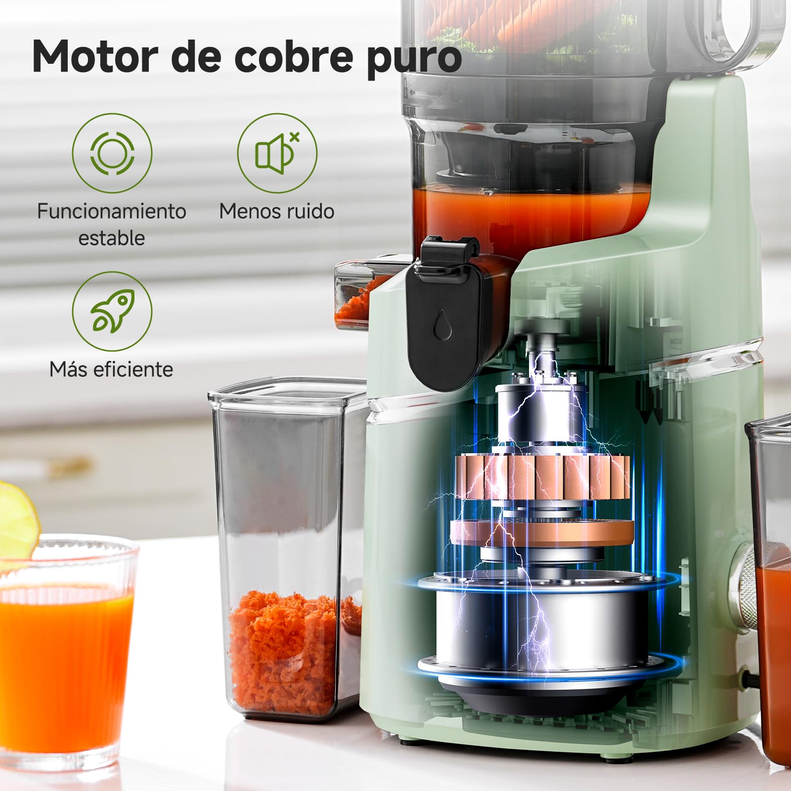AMZCHEF Extractor de jugo automático con manos libres, apertura de 135 mm y capacidad de 1,8 L, extractor de zumo de frutas y verduras enteras, extractor de jugo lento de 250 W con triple filtro-Verde