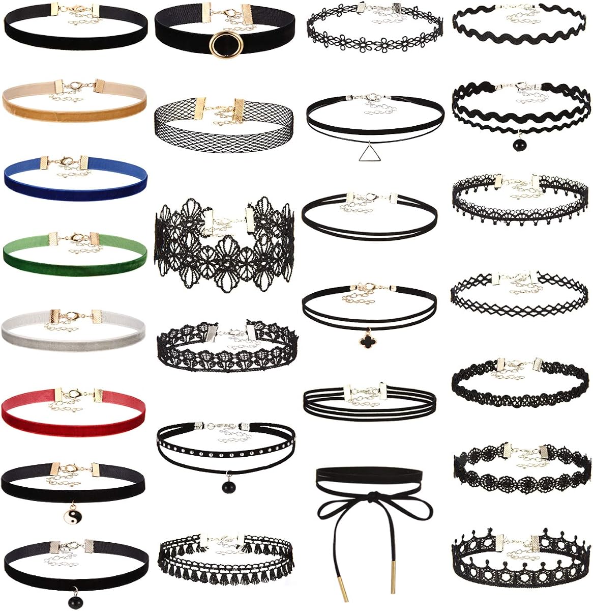 Conjunto de collar de gargantilla de 27 piezas de K&Q: tatuaje de cuello gótico colorido elástico clásico y collar de gargantilla de terciopelo de encaje lindo en capas negras