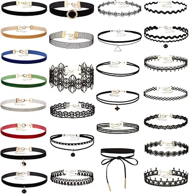 K&Q 27 PCS Choker Necklace Set - Classic Stretch Colorful Gothic Collar Tattoo And Black Layered Cute Lace Velvet Choker Necklace