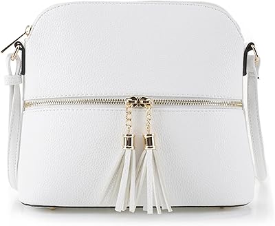 SG SUGU Lunar Lightweight Medium Dome Crossbody Bag Shoulder Bag with Double Tassels | Zipper Pocket | Adjustable Strap|White