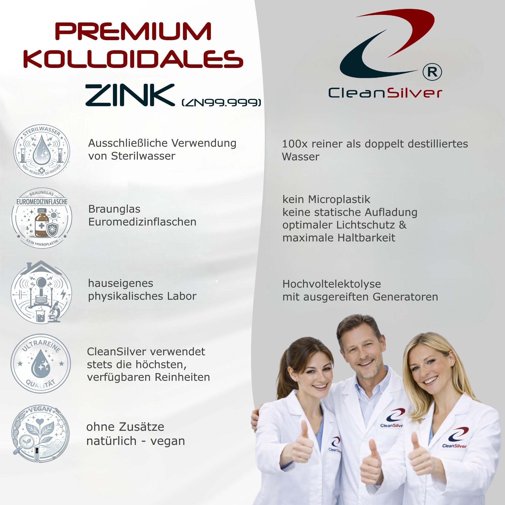 CleanSilver - Kolloidales Zink hochdosiert 100ppm, 250ml - Ultrarein: Sterilwasser und Zink 99,999+% - Made in Germany - stets frisch - keine Lagerware!