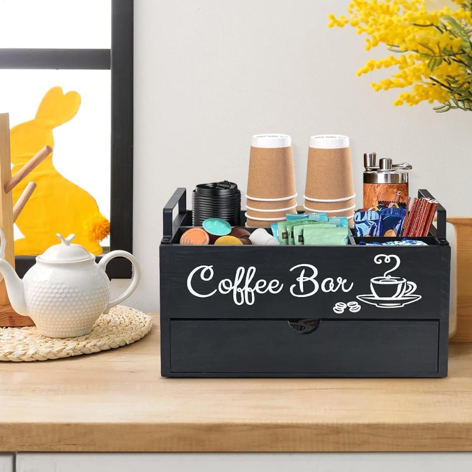 Organizer per stazioni di caffè, organizer per scatole da tè, organizer | per piano di lavoro della cucina, per tè e caffè, organizer per bar e caffè, caffetteria, in legno, per la casa