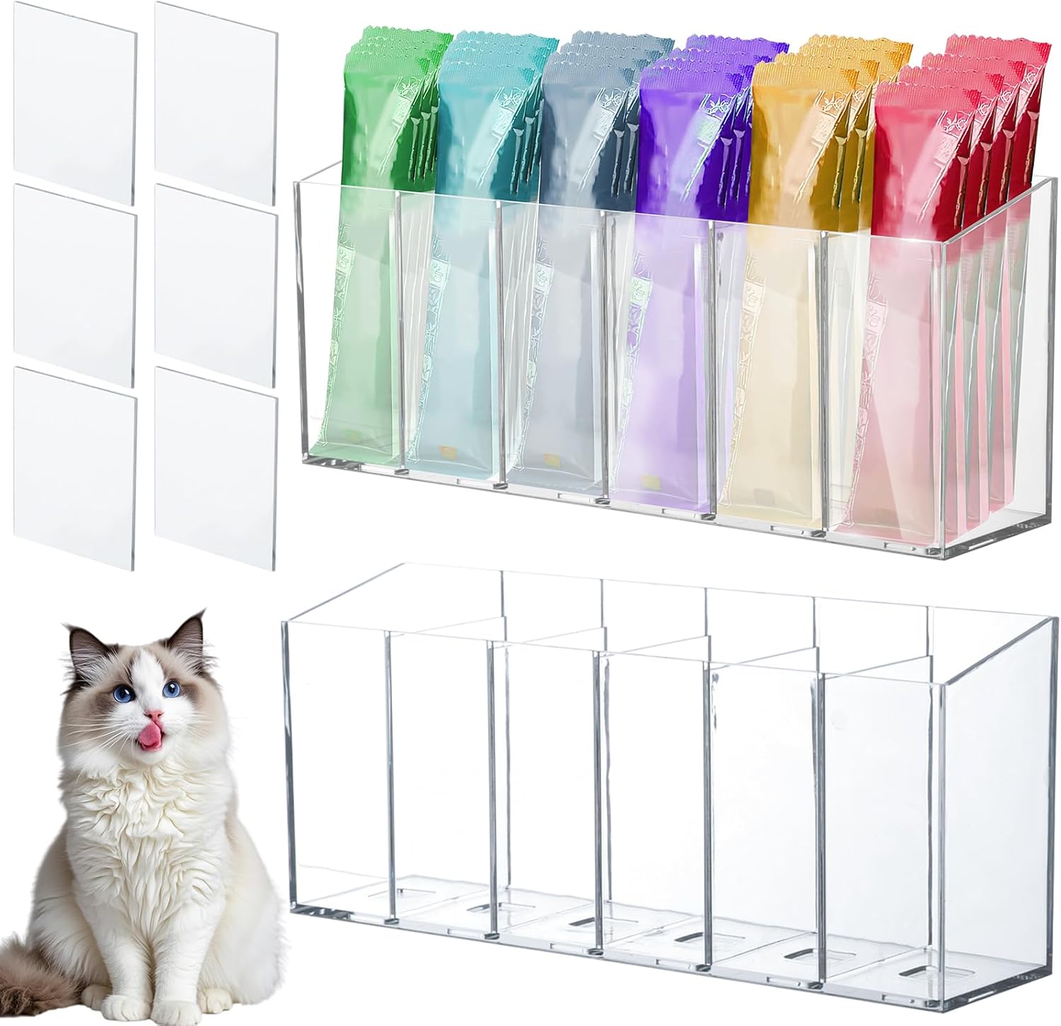 2 Pack Lickable Cat Treats Organizer, Wall Mount Acrylic Squeeze Up Cat Food Storage Container with Adhesive Stickers Lickable Wet Cat Treats Storage Holder for Kitchen Cabinet Pantry Shelf