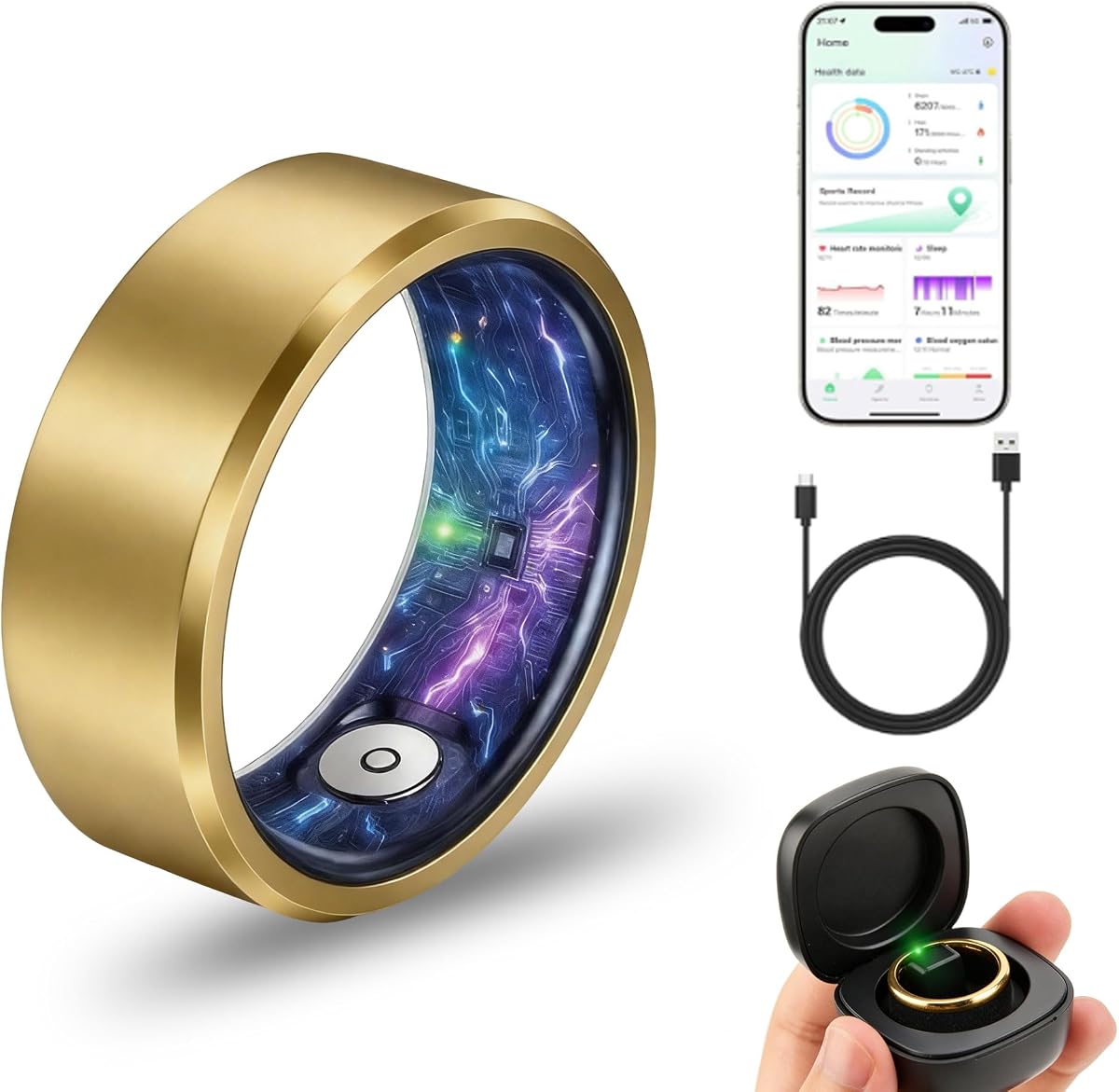 Smart Ring for Women & Men, Health & Fitness Tracker with Heart Rate/Sleep Monitoring/Blood Pressure, 5ATM Waterproof,Activity Trackers with Free App,Stylish Fitness Ring Birthday Gift(Size 11, Gold)