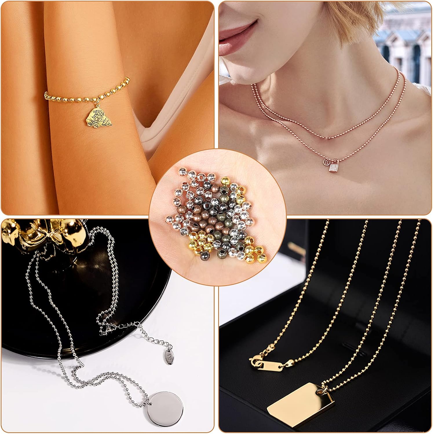 KINBOM 2400Pcs 3mm Small Metal Seed Beads Tiny Round Spacer Beads Metallic Plated Round Beads for Jewelry Bracelets Necklace Making DIY Crafts Decoration (8 Colors)