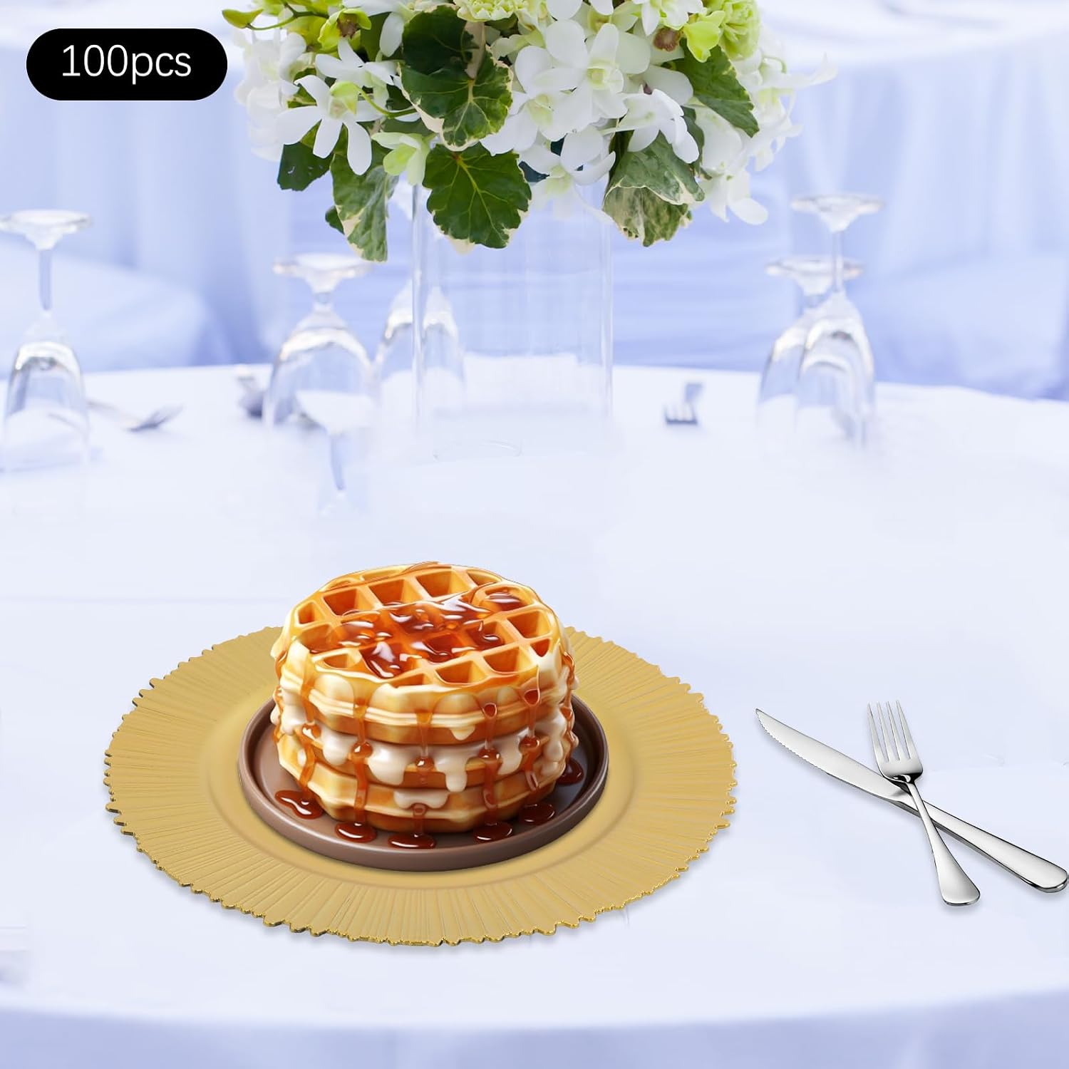 DHBREK 100 Pcs Charger Plates Bulk, 13 Inch Round Plastic Charger Plates Set, Embossed Rim Table Chargers Stackable for Party Wedding Banquet Holiday Event Decor Restaurant Hotel, Gold