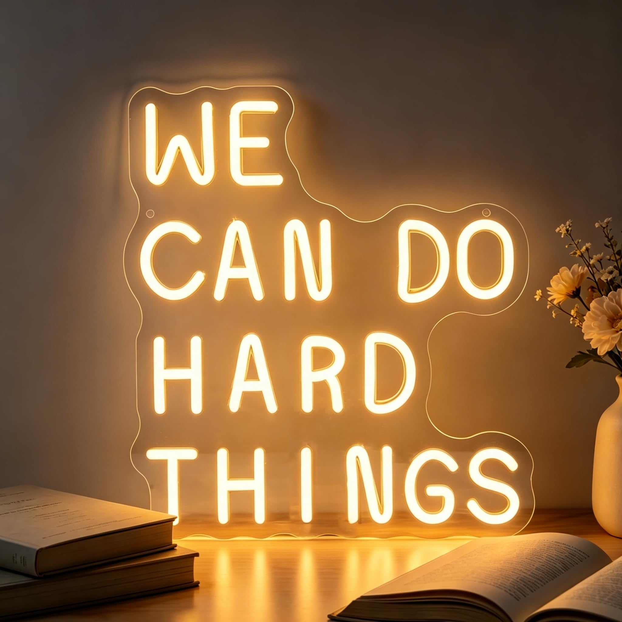 We Can Do Hard Things Neon Sign Warm White LED Neon Letter Sign Light Up for Wall Decor, Dimmable USB Powered Neon Light for Bedroom Office Classroom Learning Room Library Gym Dorm 12.99”x13.77” — image 1