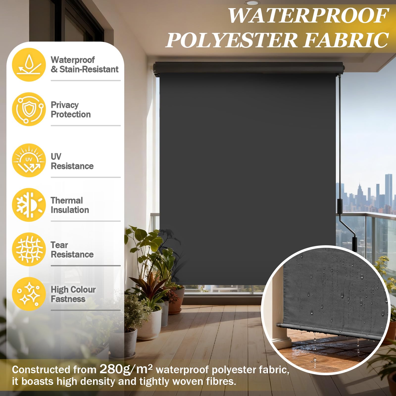 Verdego Toldo vertical exterior 160 x 250 cm, estor de protección solar exterior con manivela, protección visual, protección contra el viento, caja de toldo de aluminio, toldo vertical para balcón