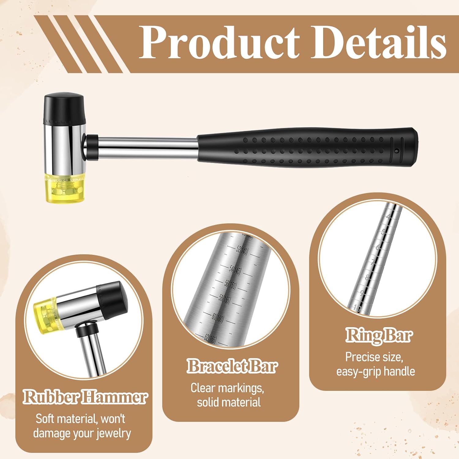 3 Pcs Ring Bracelet Mandrel Sizer Set Including Two Way Rubber Hammer Metal Ring Mandrel,Stainless Steel Bracelet-Mandrel with Graduated Adjust Bracelet Making Jewelry-Making Tool for Jewelry Repair M