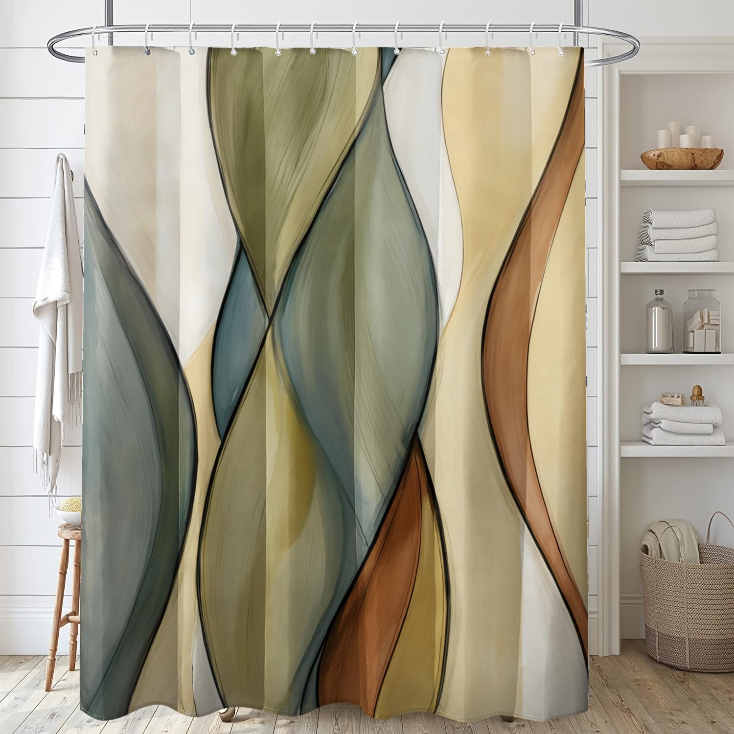 Uiyiui Multicolor-1 Modern Abstract Wavy Striped Shower Curtain 49X79in/125X200cm/Wxh Sage Green Brown Line Minimalist Aesthetic Art Bathroom Decor Curtain, Waterproof Polyester Fabric With Hooks