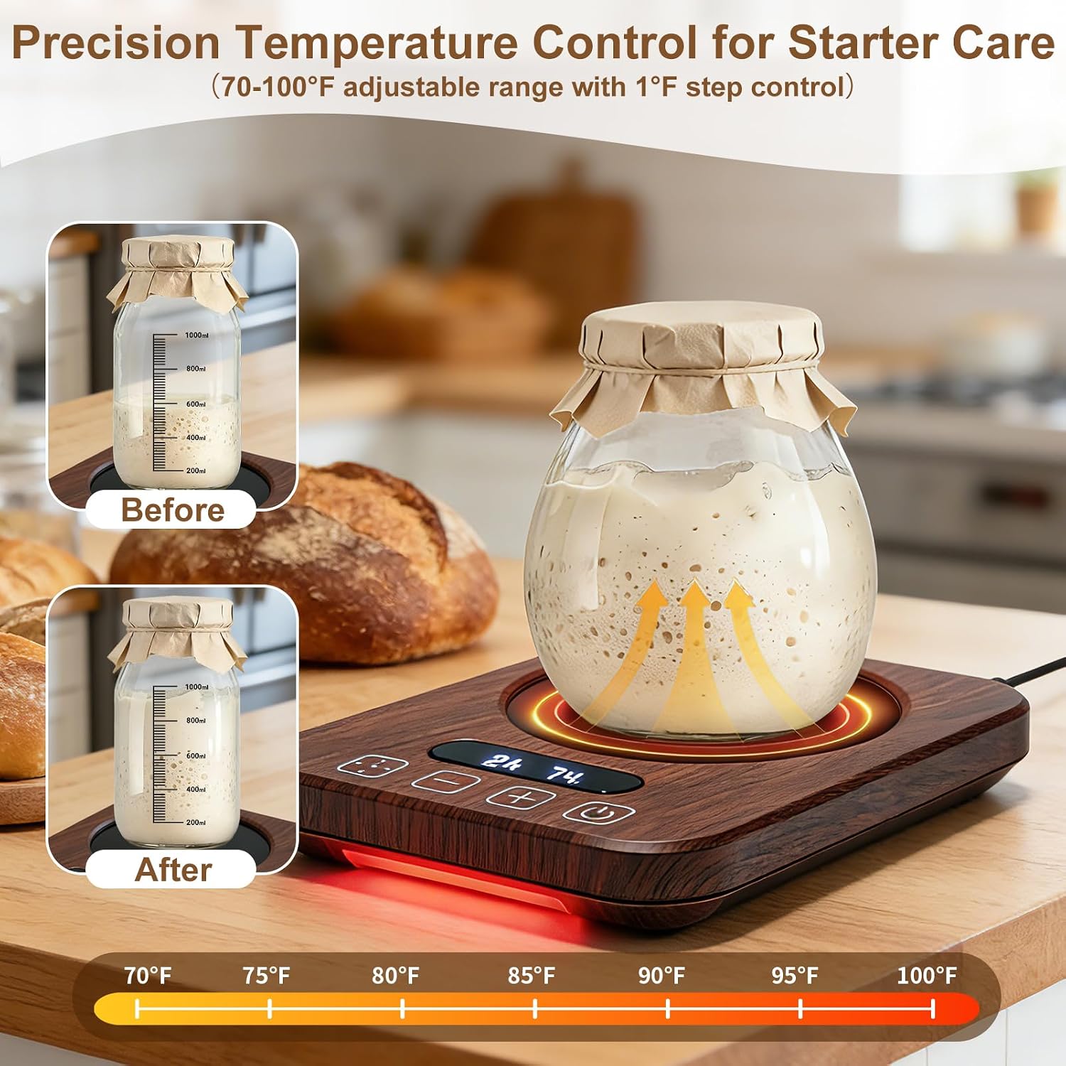 Sourdough Starter Warmer, 18W Low-Temp Warming Pad with 70–100°F 1°F Adjustable Temp Control, Starter Jar Warmer with 1–12H Timer & Auto Shut-Off