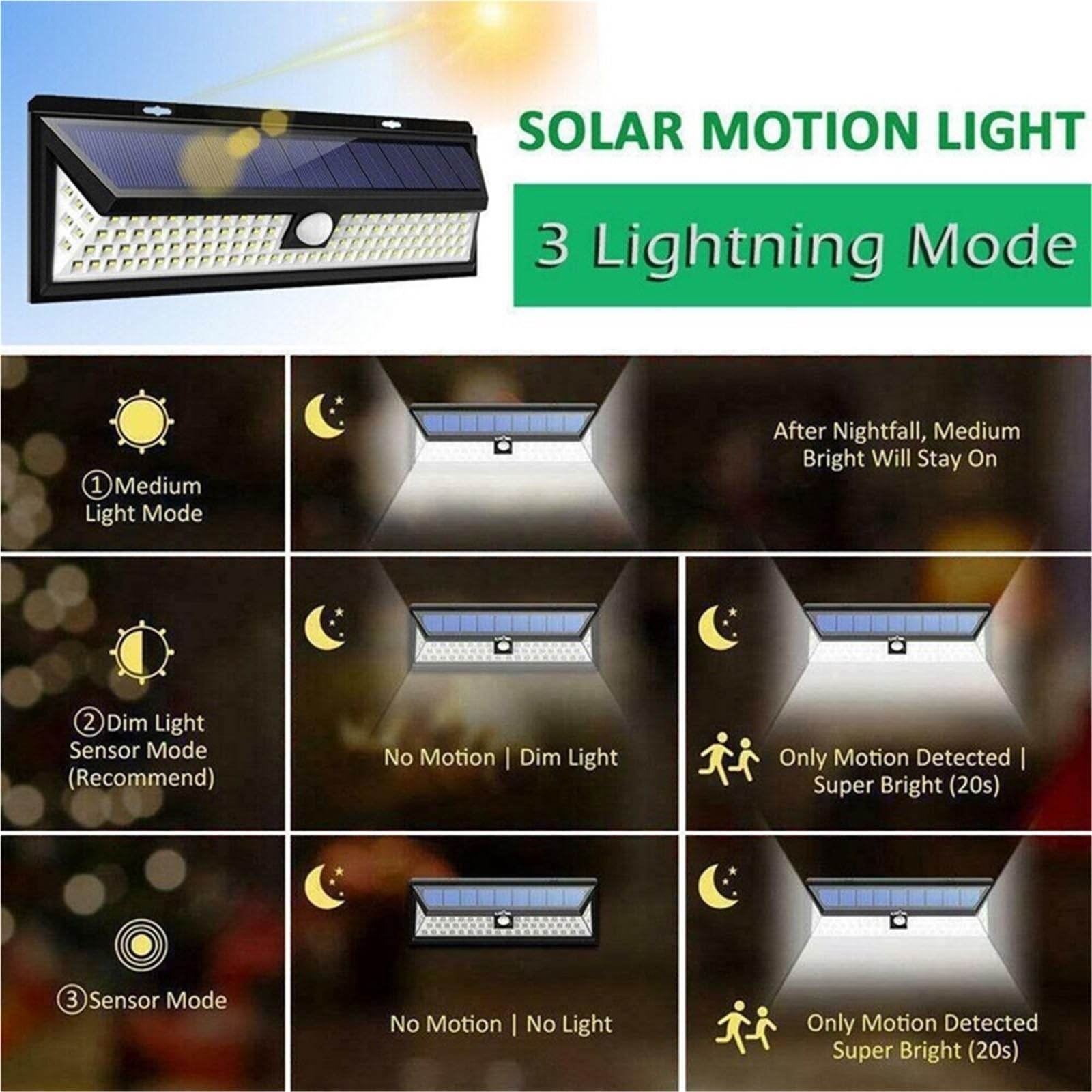 Luce LED solare potente per esterni, sensore di movimento, luce da parete, impermeabile, super luminosa, per porta d'ingresso, garage, giardino, strada (180COB)