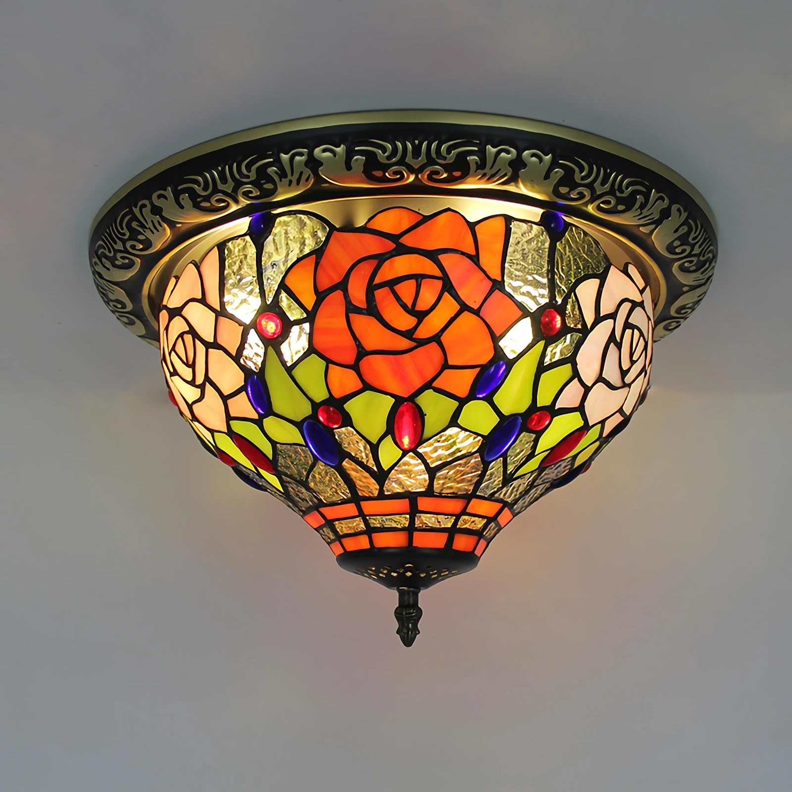 WDBZTJ Tiffany Style Ceiling Light Flush Mount, 15 inch Stained Glass Ceiling Lamp, E27 Bulb, Vintage LED Chandeliers for Living Room Bedroom(C4)
