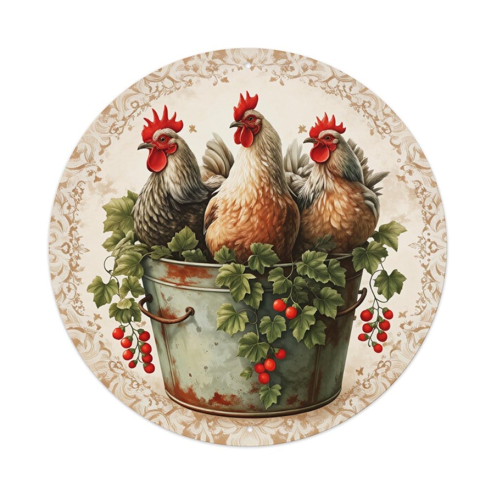 Chickens In Bucket With Berries Round Tin Sign Vintage Metal Poster, Home Bar Garage Man Cave Cafe Indoor & Outdoor Wall Decoration 8x8Inches