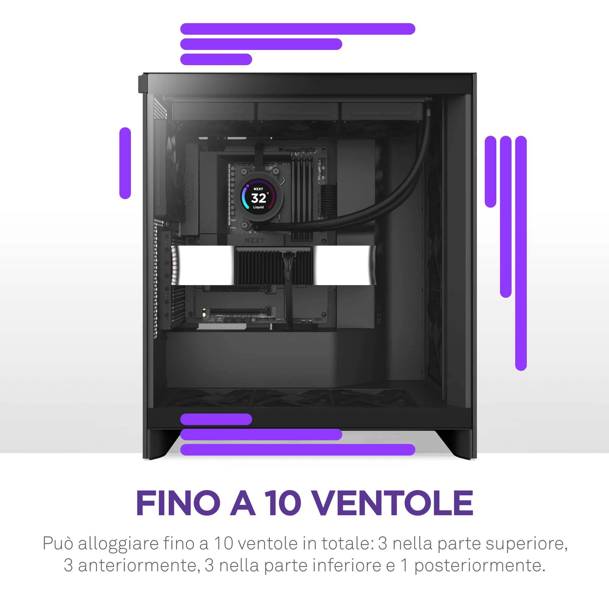 NZXT H7 Flow | Case Airflow ATX mid-tower | 3 ventole 120mm sul fondo per raffreddare la GPU | 3 ventole 120mm anteriori | Supporto anteriore radiatore da 420mm | Gestione cavi | Nero