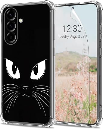Clear Case for Samsung Galaxy A36 5G with Screen Protector [Drop Protection] A Black Cat Design Slim Thin Women Girls Soft TPU Transparent [Anti-Scratch] [Non-Yellowing] Cute Phone Cover