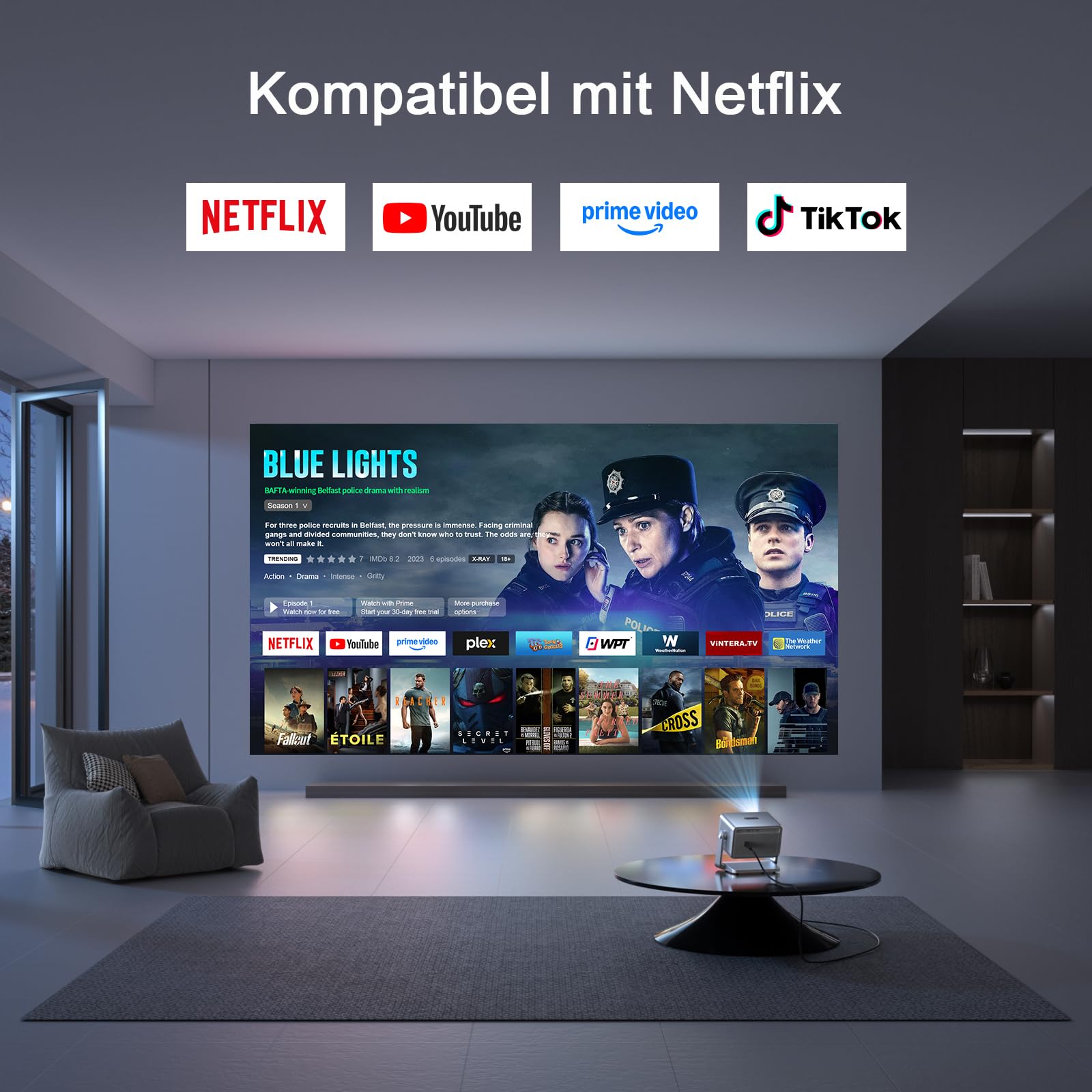 Smart Beamer 4K Heimkino [Netflix Ready & 30000L] VOPLLS Autofokus/Trapezkorrektur 3D Dolby Audio Handy Projektor, WiFi6 Bluetooth Full HD 1080P Beamer Outdoor für PC/Fußball & WM Filmabende