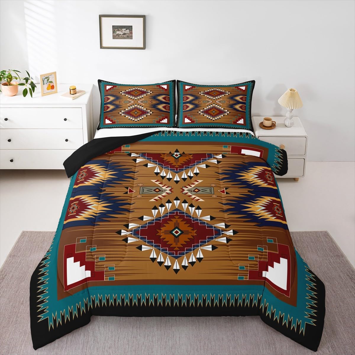 Erosebridal Bohemian Decor Bedding Set, Southwestern Native American Comforter Set Boho Aztec Exotic Quilted Duvet Vintage Rustic Farmhouse Duvet