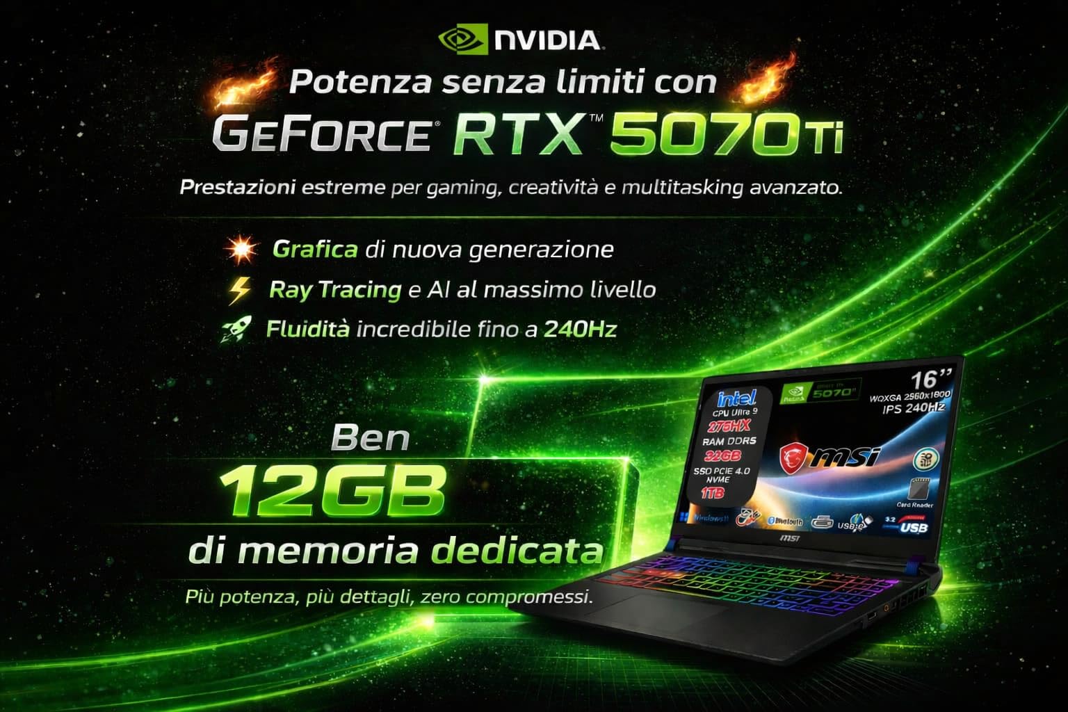 msi Vector 16 HX AI Notebook Gaming Intel Core Ultra 9 275HX, RTX 5070 Ti 12GB GDDR7, 32GB RAM, 1TB SSD, 16" QHD+ IPS 240Hz, Thunderbolt 5, WiFi 7, Tastiera RGB 24 Zone, Windows 11, AI Laptop