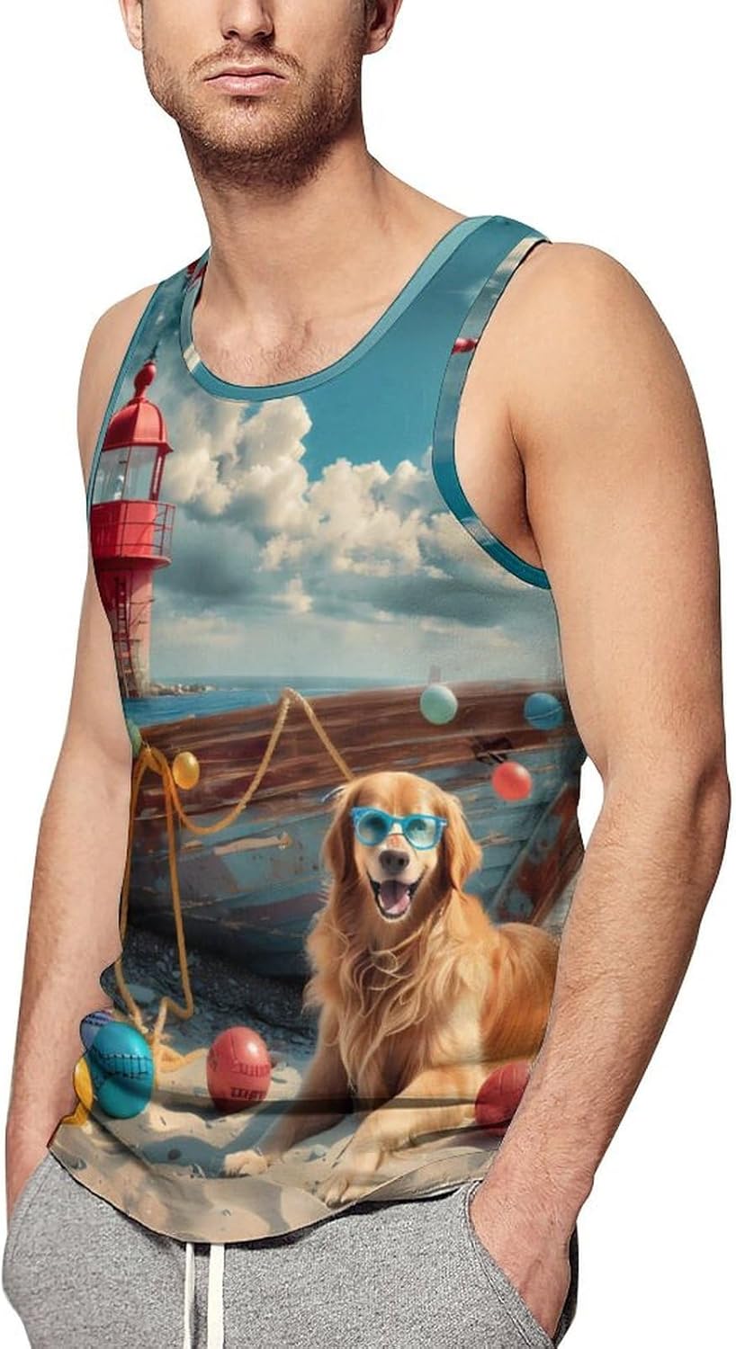 Beach Retriever Dog Men's Tank Top Sleeveless Muscle Shirts Vest Beach T Shirts for Workout Gym