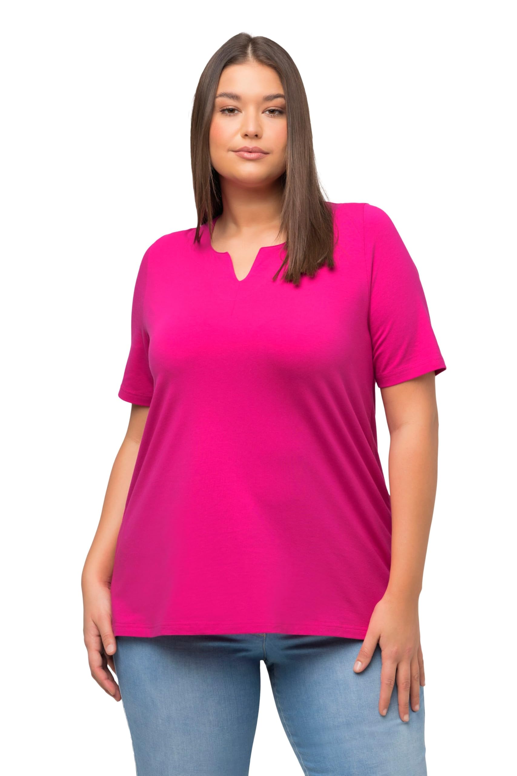 Ulla Popken Women's T-Shirt, A-Linie, Tunika-Ausschnitt, Halbarm, Fuchsia Pink, 42-44