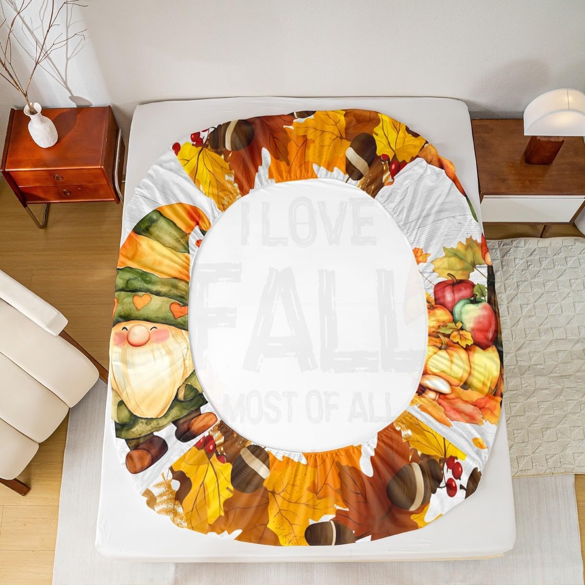 Gnomes Pumpkin Bed Sheets Rustic Farmhouse Fall Bed Sheet Set Queen Size Thanksgiving Harvest Season Sheet Set Maple Leaf Pinecone Decor Fitted Sheet Soft Lightweight Flat Sheet Bedroom Decor 4 Pcs