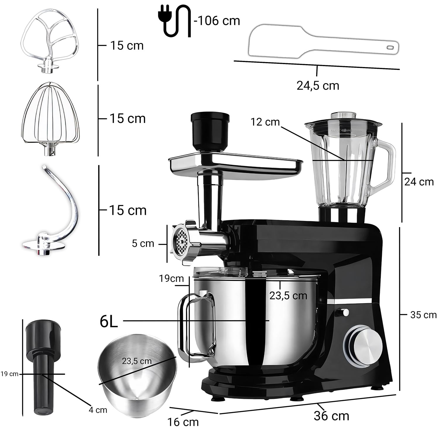 Retoo Robot da cucina 3 in 1 1500 W Large Stainless Steel Bowl 6L Meat Grinder Kneading Machine Multifunctional 6 speed settings 3 Mixing Tools Includes Splash Guard Lid Dough Hook and Whisk Versatile