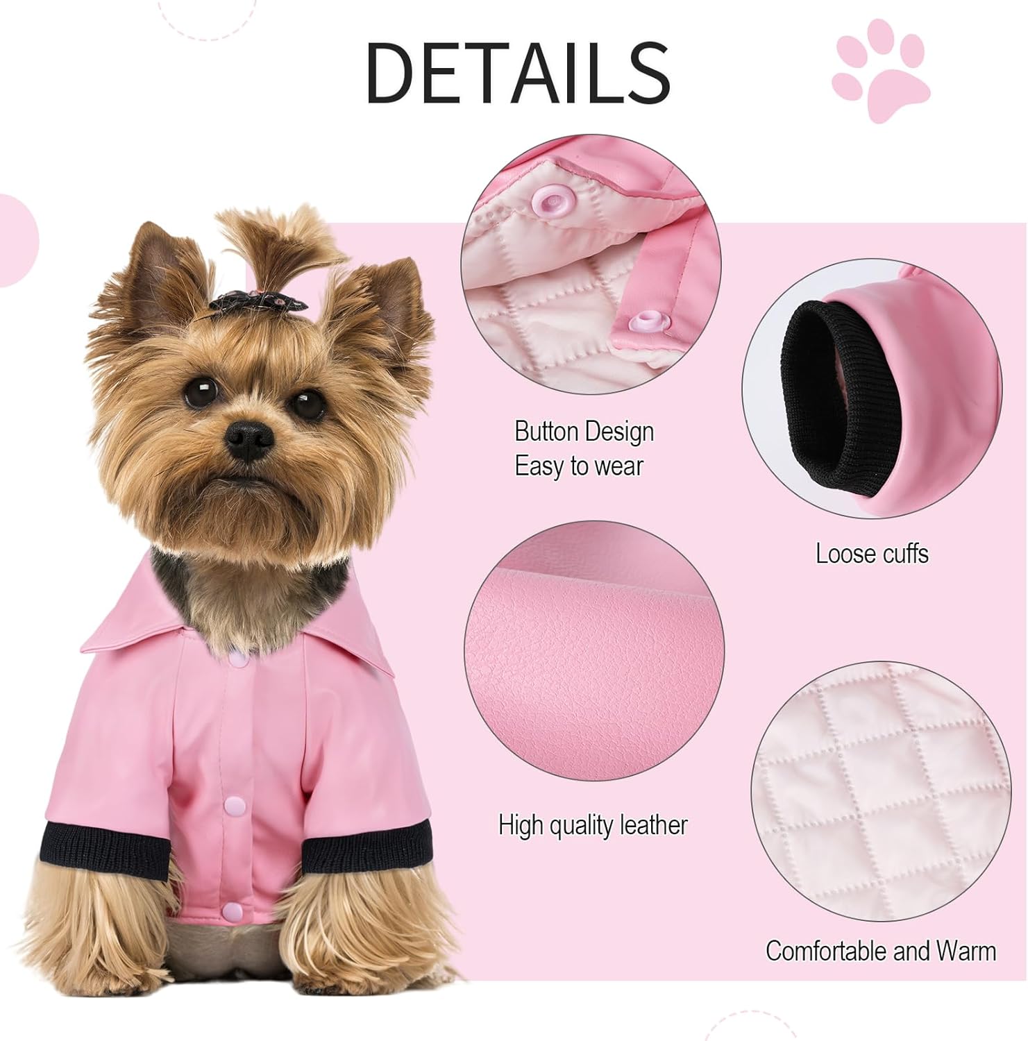 Dog Leather Jacket - Cute Leather Dog Jackets Motorcycle Clothes with Buttons Pet Waterproof Winter Coat for Small Medium Dogs(Pink, M)