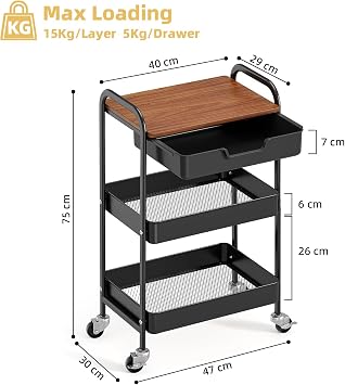 KINGRACK 3 Tier Storage Trolley on Wheels, Black | Plastic Drawer, Wooden Table Top, Metal Cart, Rolling Cart, Kitchen, Bathroom, Office, Bedroom