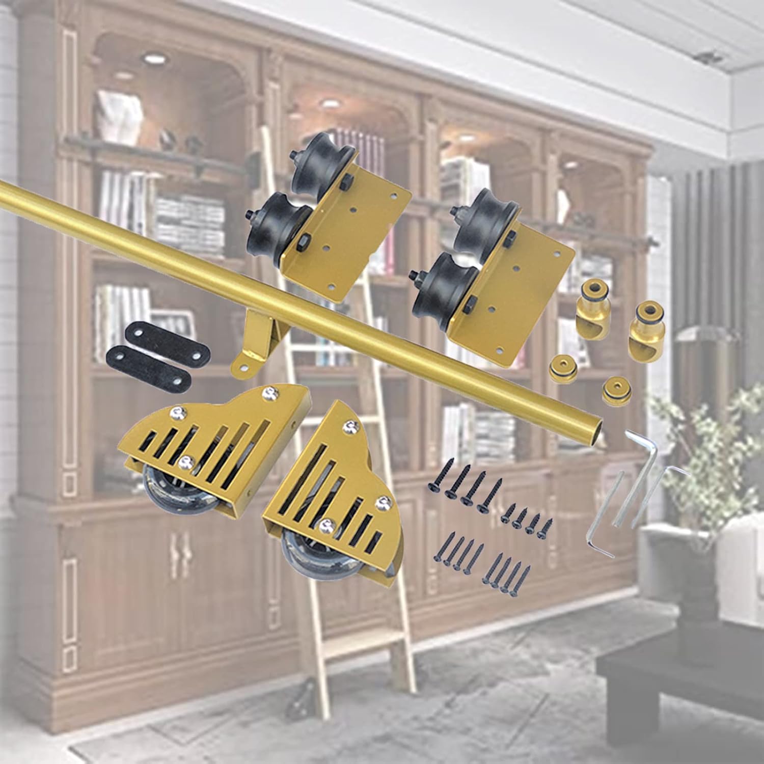 Round Tube Mobile Ladder Track Rolling Ladder Hardware Library Sliding Ladder Hardware Kit, with Floor Roller Wheels, Round Track/Rail/3.3Ft/100Cm Track Kit,16Ft/500Cm Track Kit