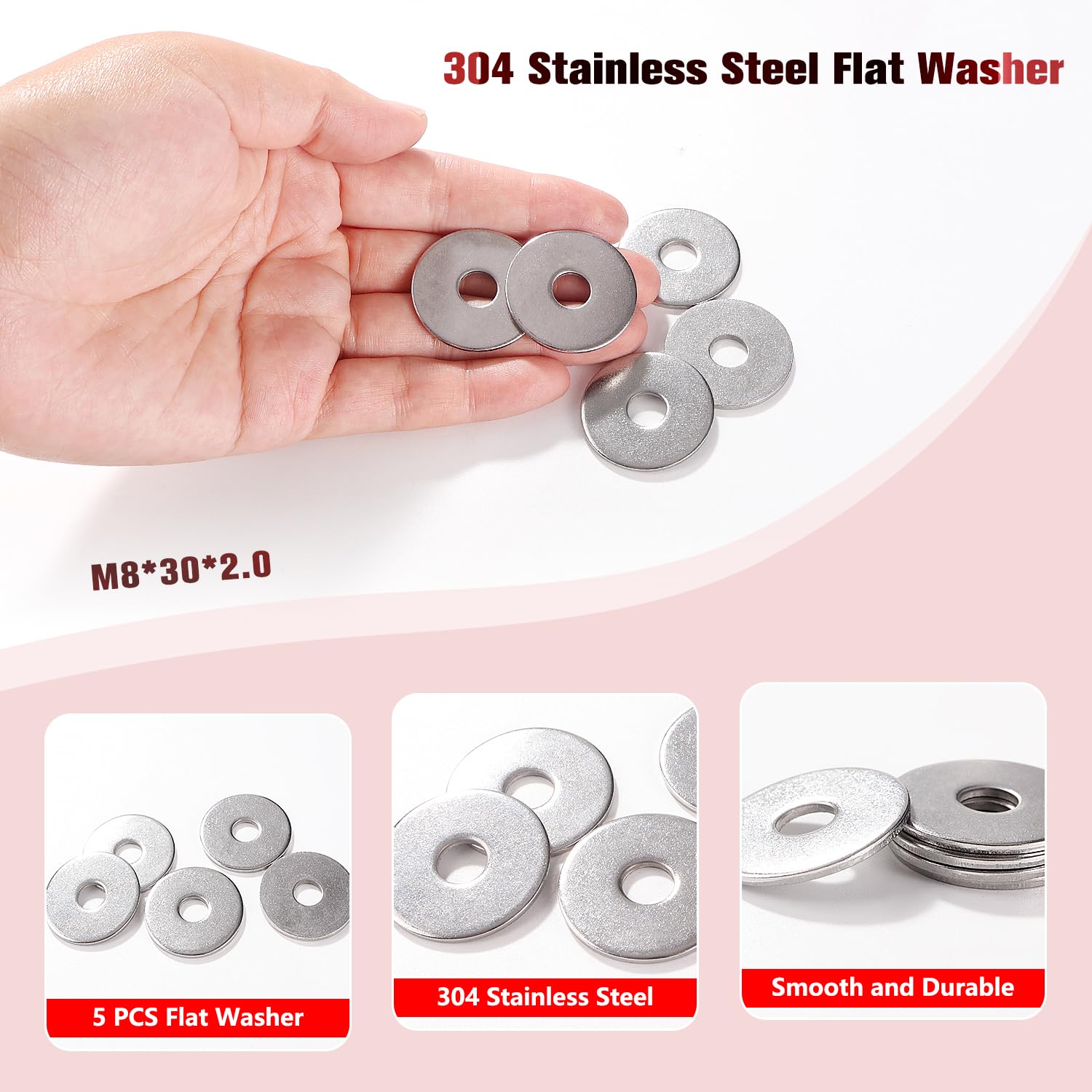 YIXISI 5 PCS M8x30x2 mm Flat Repair Washer, 304 Stainless Steel Flat Washer, Penny Washers for Screws & Bolts - Image 3