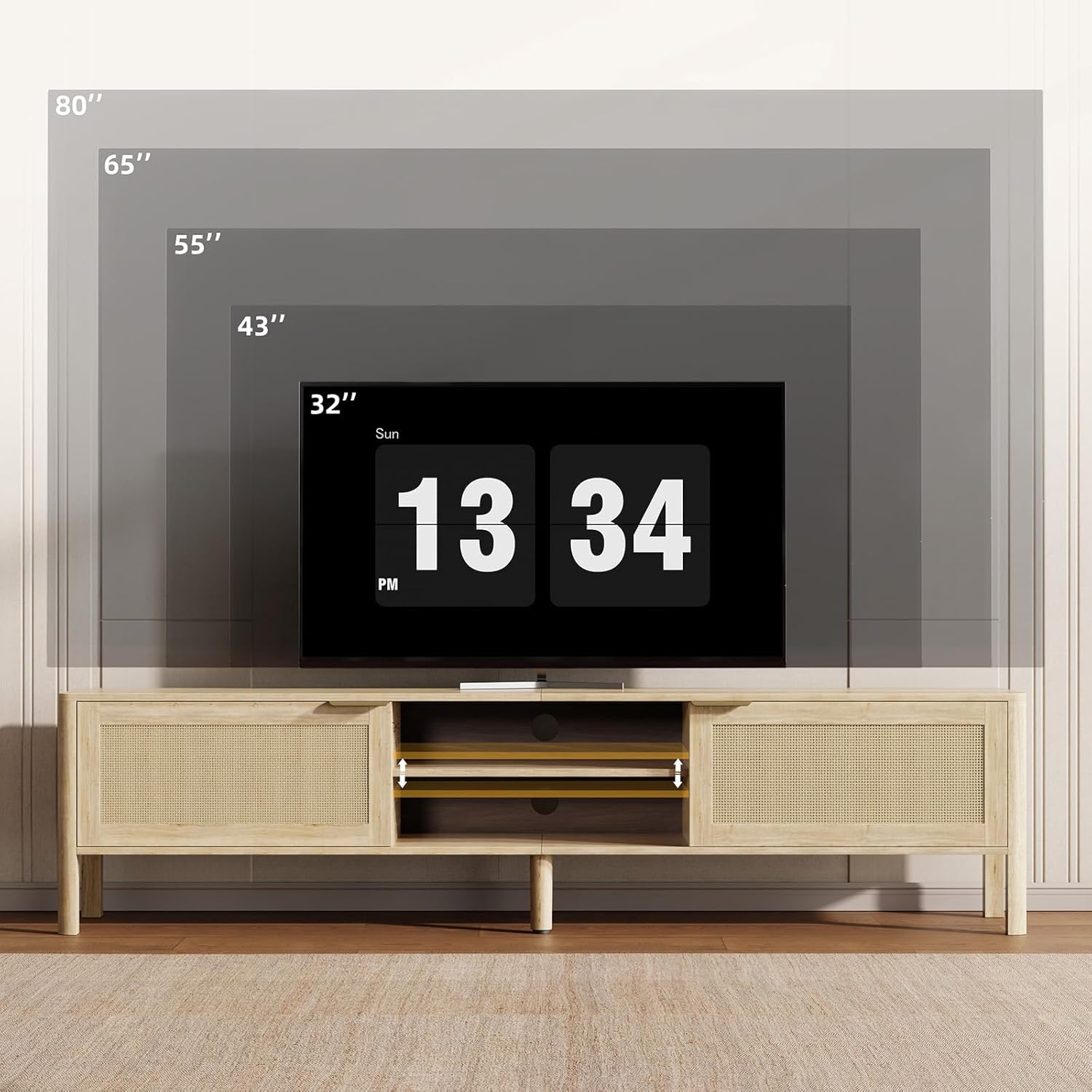 TV Stand for Living Room - Fits up to 80 Inch TVs, Rattan Media Console Table with Adjustable Shelves & 2 Storage Cabinets, Mid-Century Modern Entertainment Center, Oak 71" - Image 3