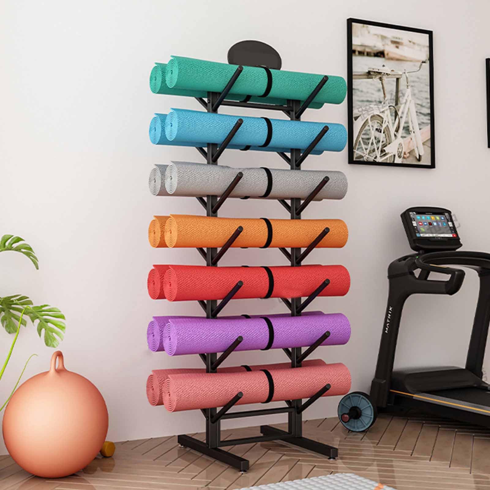 Support de tapis de yoga à 7 niveaux, support de rangement en mousse métallique pour rouleaux, équipement de rangement pour tapis de yoga, facile à installer